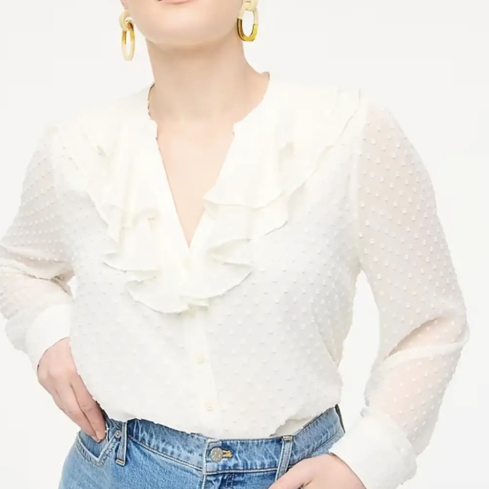 J. Crew Clip-dot Ruffle Button Up Blouse Ivory Size Large PTP 22 Inches L 25 In.